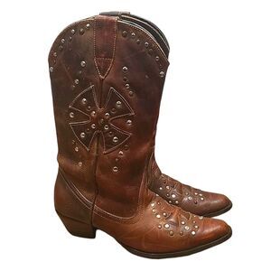 Oak Tree Farms Bovine Leather Brown Studded Western Cowgirl Boots women's SZ 7